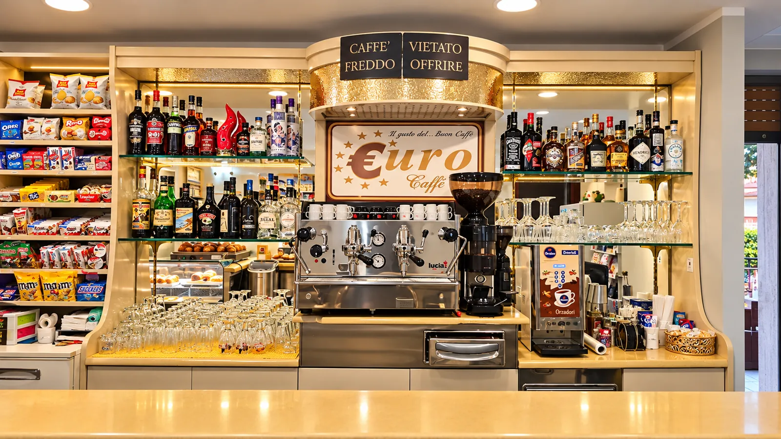 Il banco di Pausa Caffè con la macchina del caffè