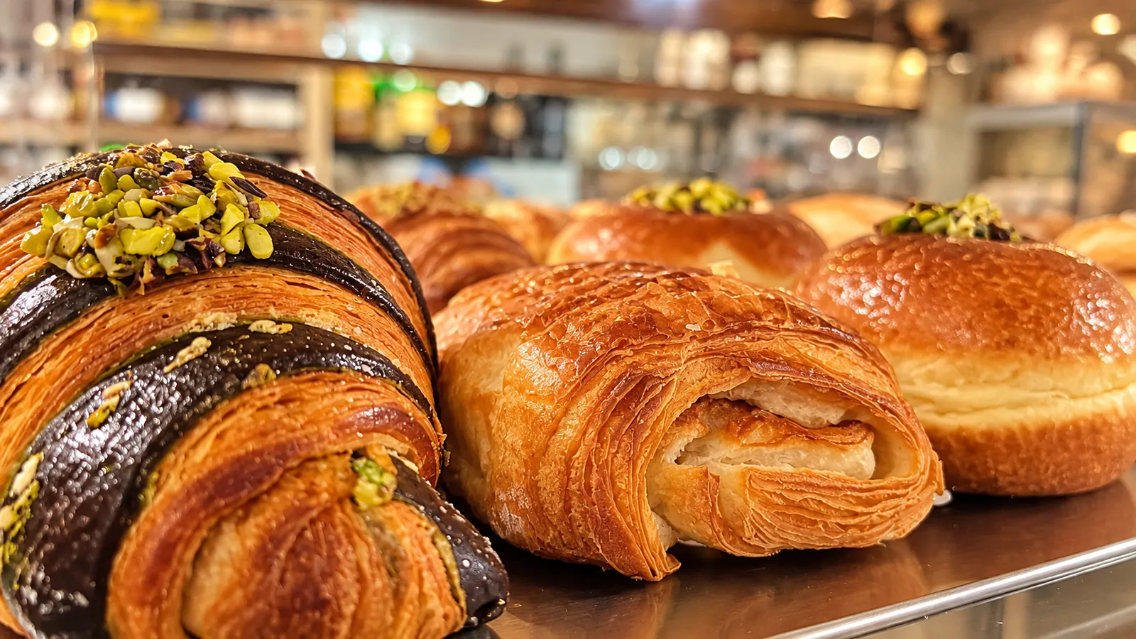 Sfoglie dorate, cornetti al cioccolato e brioche al pistacchio in vetrina