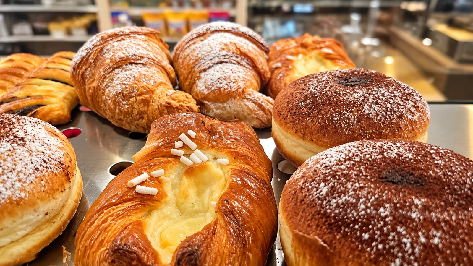 Bomboloni spolverizzati di cacao, croissant e sfoglie ripiene di crema in primo piano