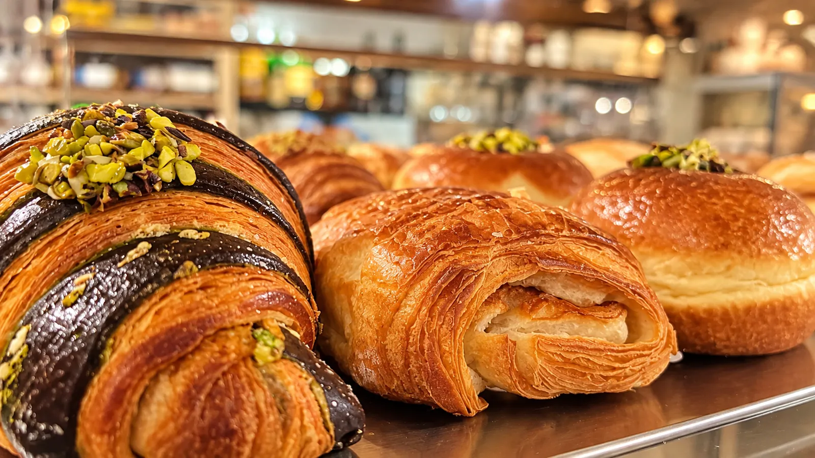 Cornetto bicolore farcito al pistacchio con fagottini e bomboloni